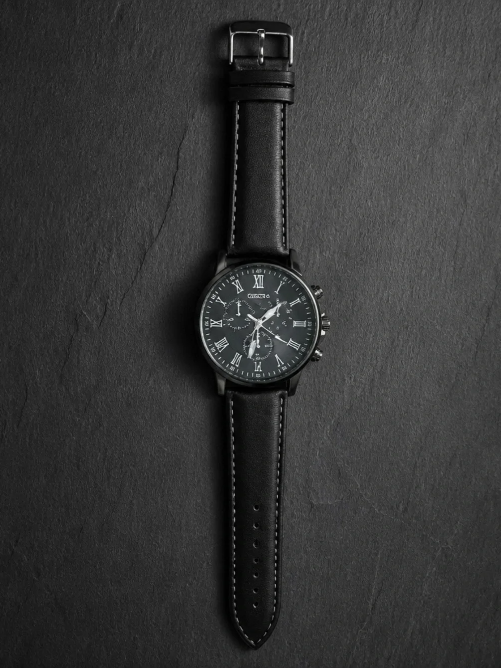 Geneva Sporty Black/ White Stitching Leather Band Black Face Quartz Timepiece